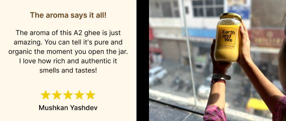 Malnad Gidda A2 Cow Ghee in a jar held by a person, showcasing its rich aroma and organic quality.