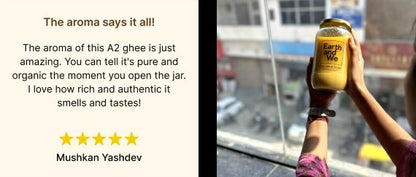 Malnad Gidda A2 Cow Ghee in a jar held by a person, showcasing its rich aroma and organic quality.