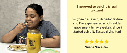 Person enjoying Malnad Gidda A2 Cow Ghee, highlighting its rich texture and benefits for eyesight.