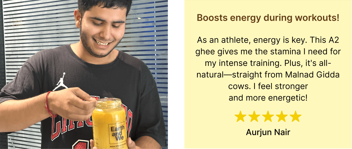 A smiling athlete holding a jar of Malnad Gidda A2 Cow Ghee, sharing his energy-boosting experience.