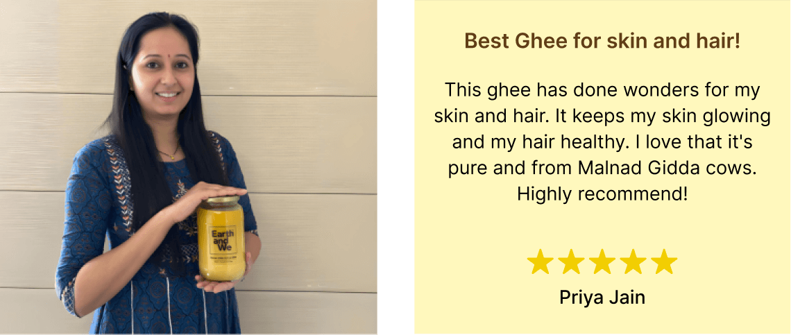 Woman holding a jar of Malnad Gidda A2 Cow Ghee with a testimonial about its benefits for skin and hair.