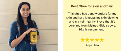 Woman holding a jar of Malnad Gidda A2 Cow Ghee with a testimonial about its benefits for skin and hair.