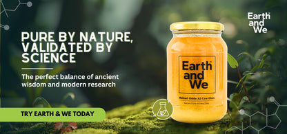 Malnad Gidda A2 Cow Ghee jar with Earth and We branding in a natural setting.